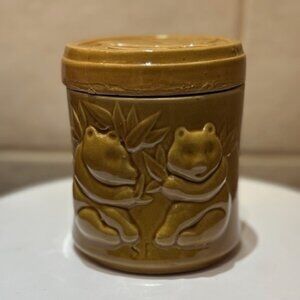 Vintage Sheila Fournier Ceramic Pottery Cannister Panda Bamboo Glazed 4.75"